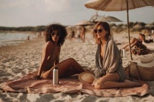 femme bronzee chapeau et lunettes de soleil plage