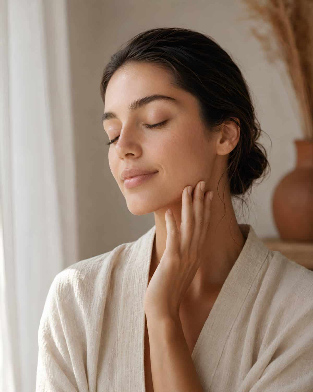 Femme appliquant un soin naturel sur son visage